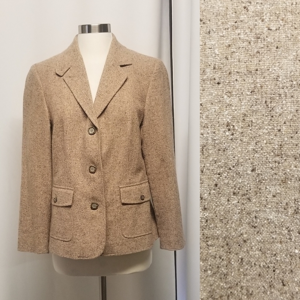 Vintage 90s y2k L.L.Bean Sandy Tan Brown Wool Silk‎ Blend Schoolboy Blazer Md
